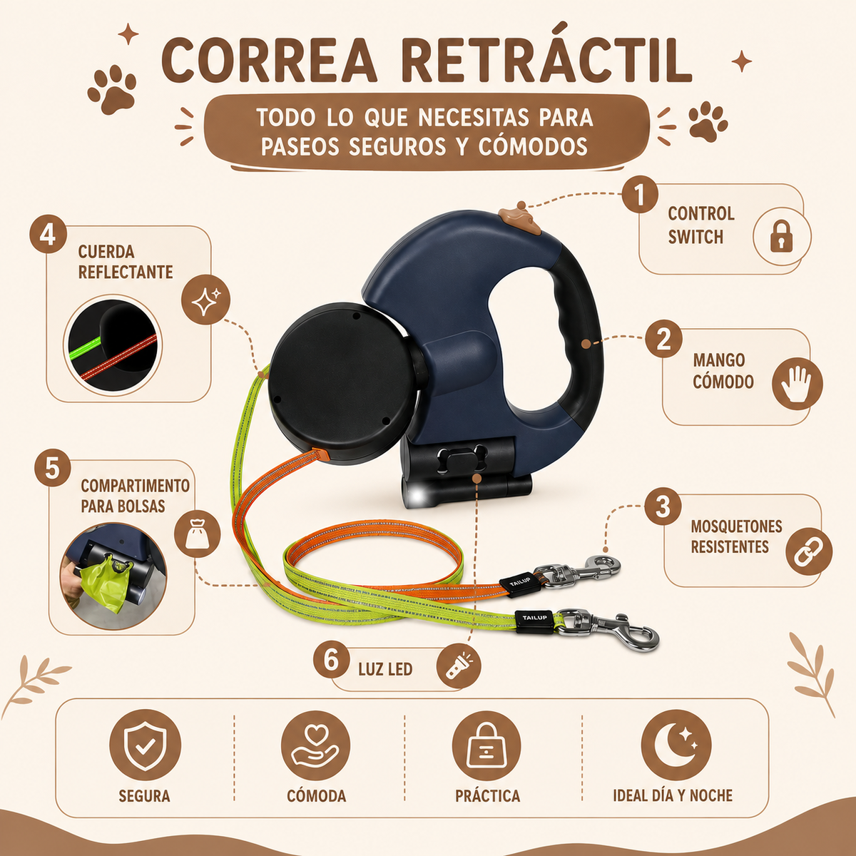 Correa Retráctil 360° para Perros con Luz LED y Cuerda Reflectante